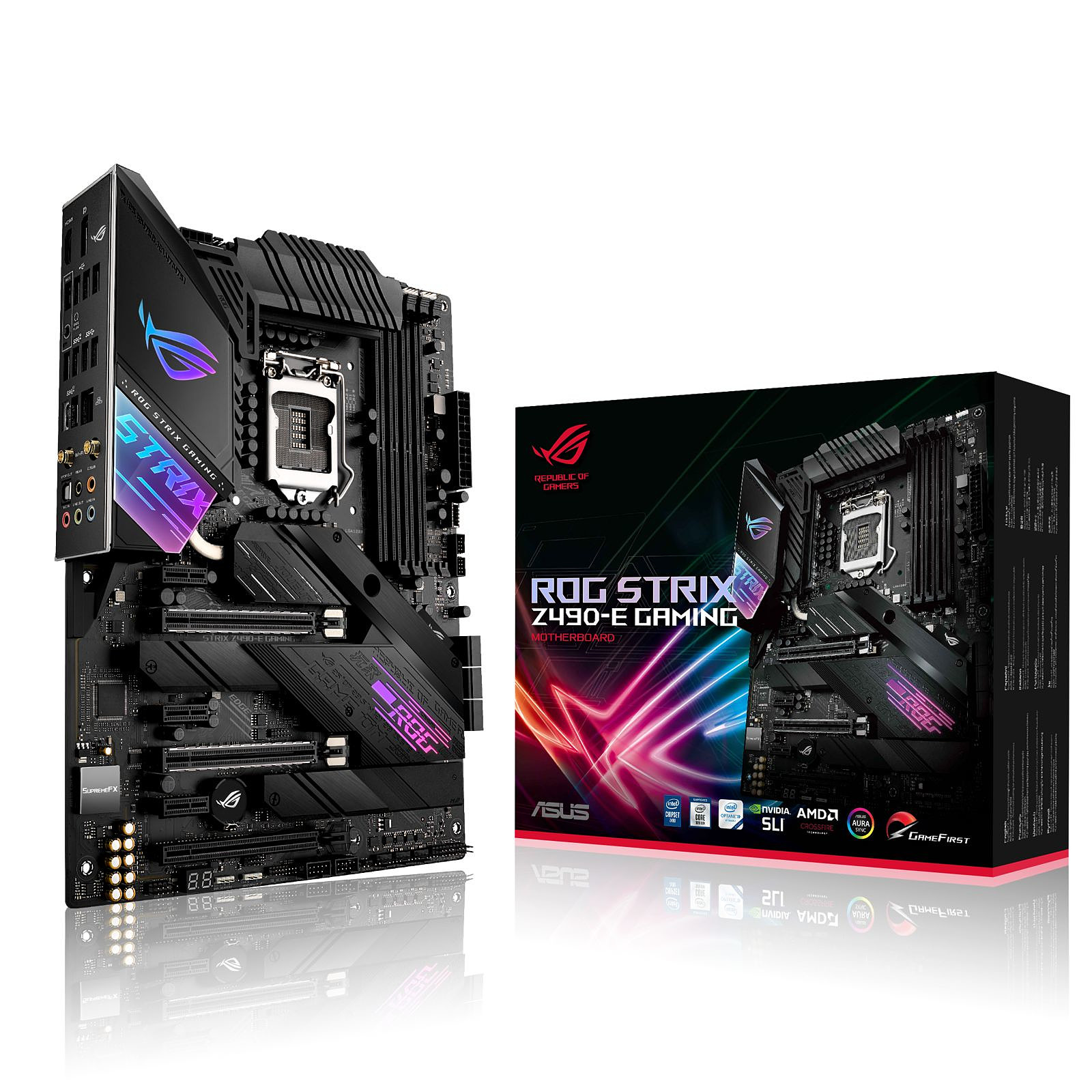 Photo d'une carte mère asus Z490 a côté de sa boite d'emballage
